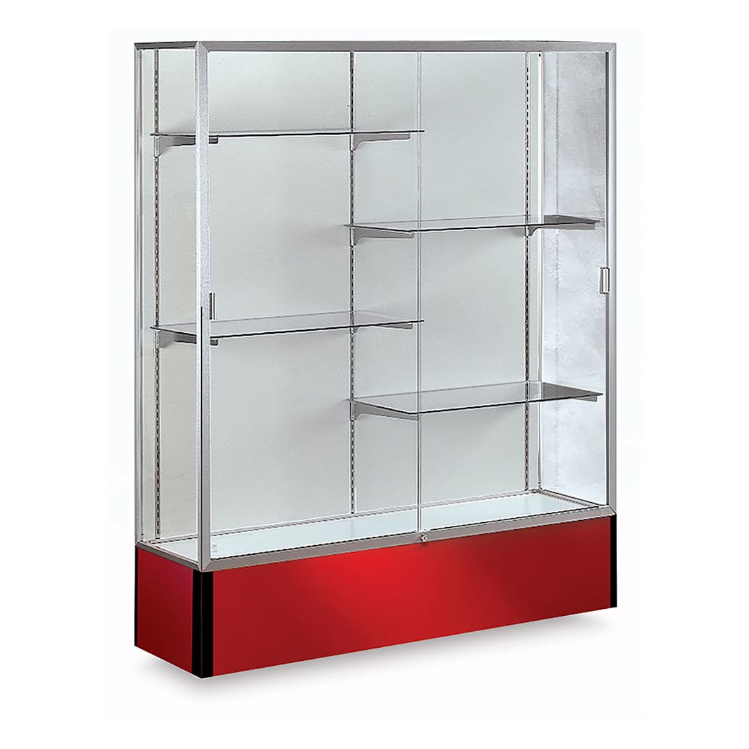Open in modal - Spirit Series Display Case - Angled view of Satin Aluminum Frame with Red Base