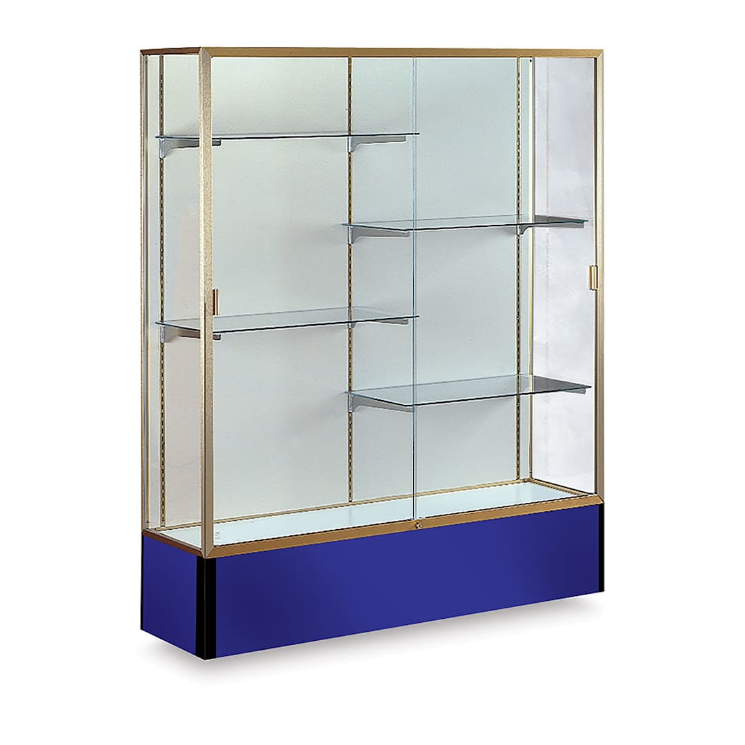 Open in modal - Spirit Series Display Case - Angled view of Champagne Gold Frame with Royal Blue Base