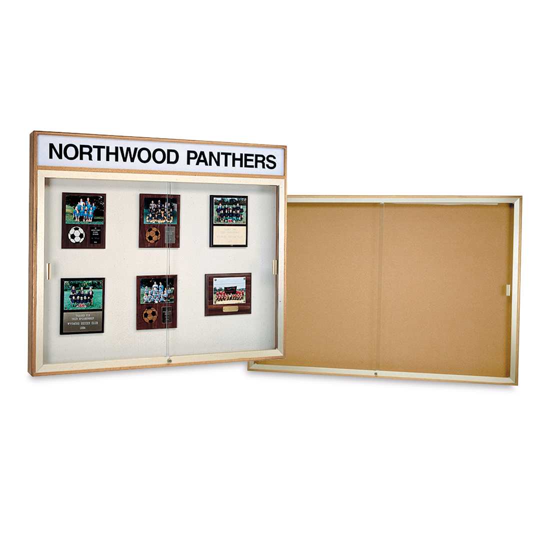 Open in modal - Wall Mounted Display Cabinet-2 shown, one with cork back, one with plaque backing and header panel