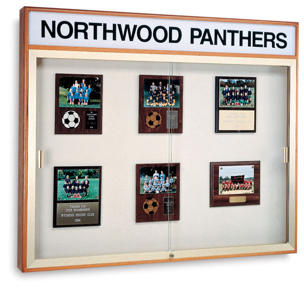 Open in modal - Wall Mounted Display Cabinet - left angled view showing plaque back, lighted header and glass doors