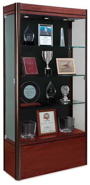 Open in modal - Contempo 36" Display Case-side view showing locking door, 3 glass shelves, cherry/bronze finish