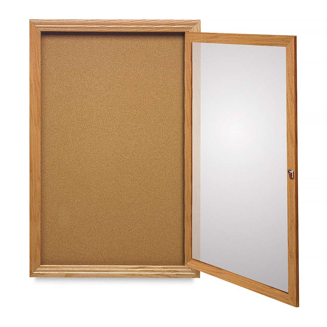 Open in modal - Ghent Natural Cork Bulletin Board - 24" x 36", 1 Door, Oak Frame