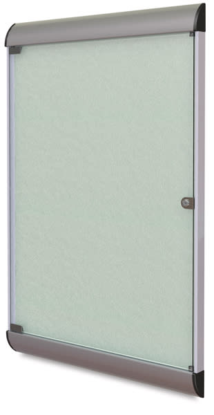 Open in modal - Ghent Enclosed Tackboard-right angle with metal frame, locking glass door shown in Silver color