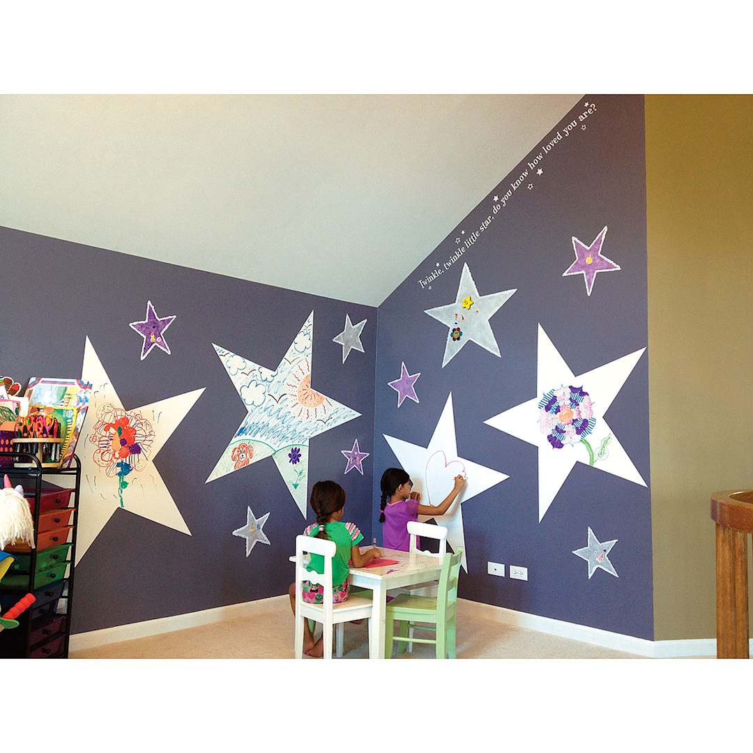 Open in modal - CREATE Dry Erase Paint Kits - Child drawing on Dry Erase Star on wall