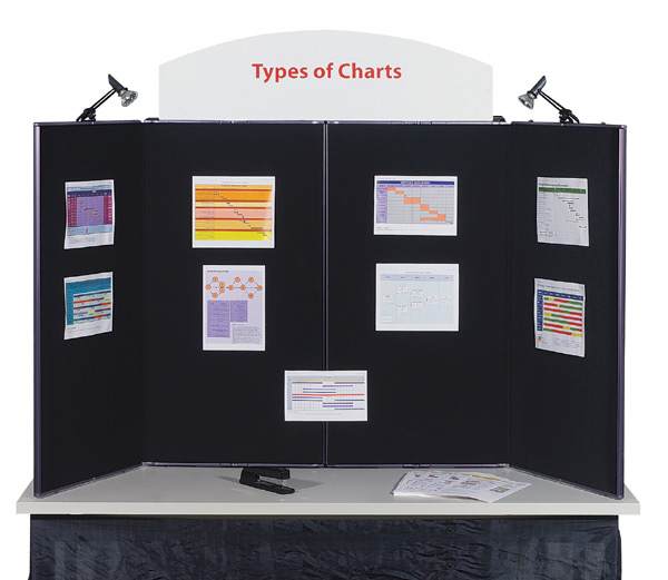 Open in modal - Expostar ShowStyle Briefcase Tabletop Displays - front showing charts and included halogen lights 