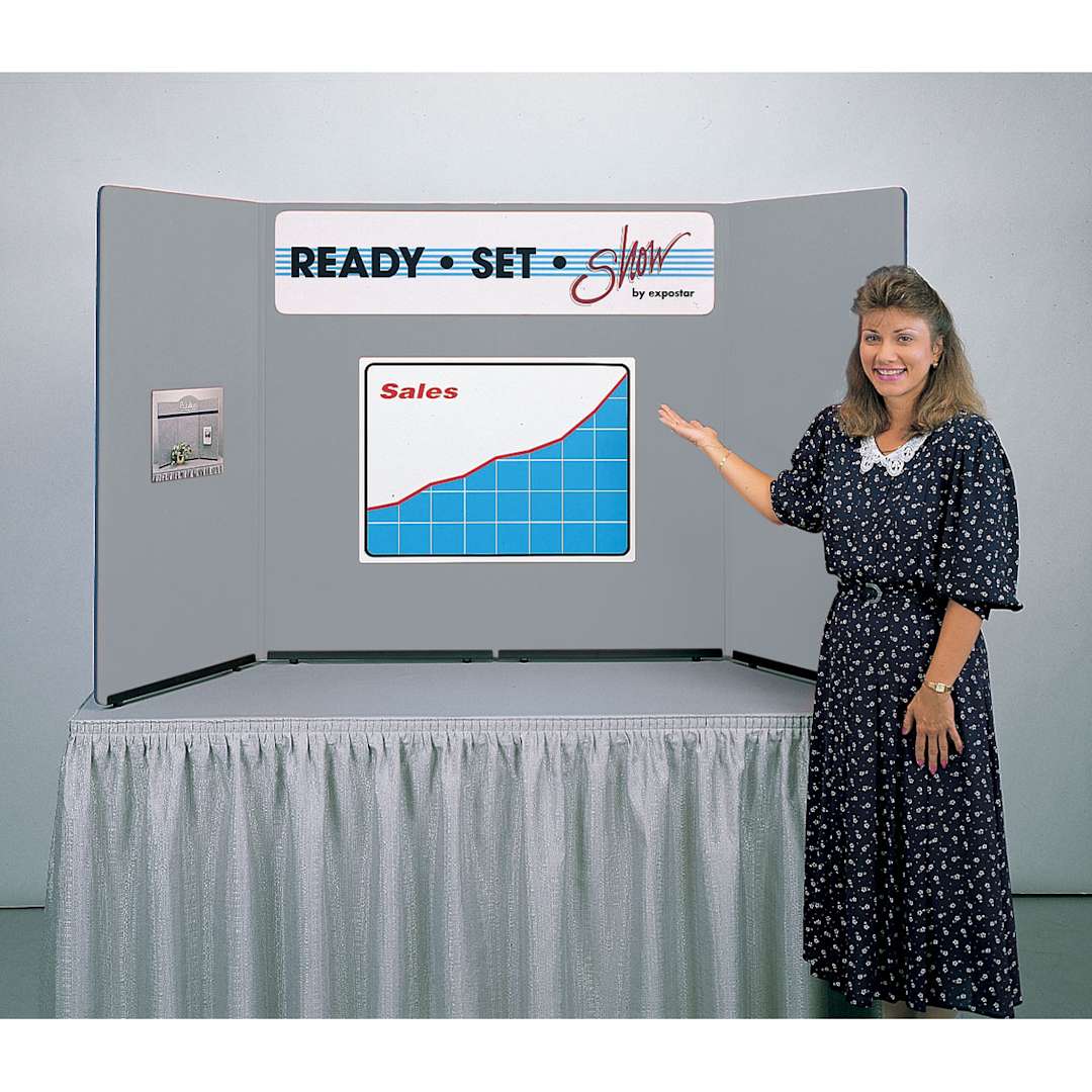 Open in modal - Expostar Ready Set Show Tabletop Display - Silver, Woman Standing Next To Display