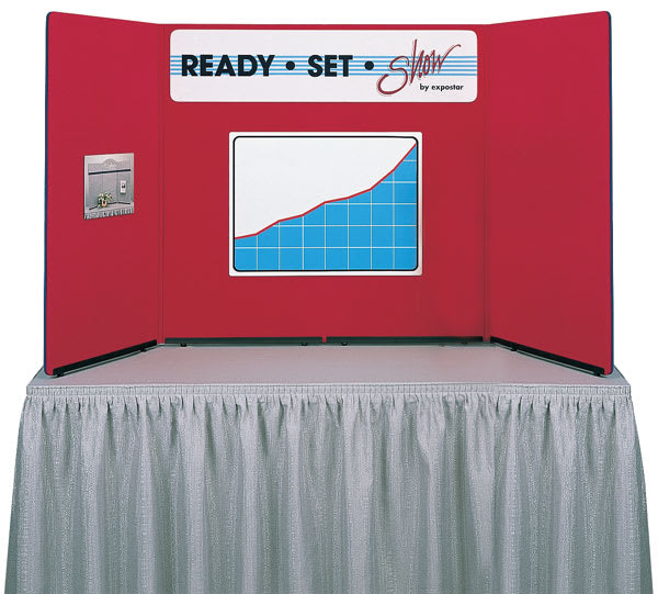 Open in modal - Expostar Tabletop Displays - 4 panels in Red, set up on show table and showing chart and sign