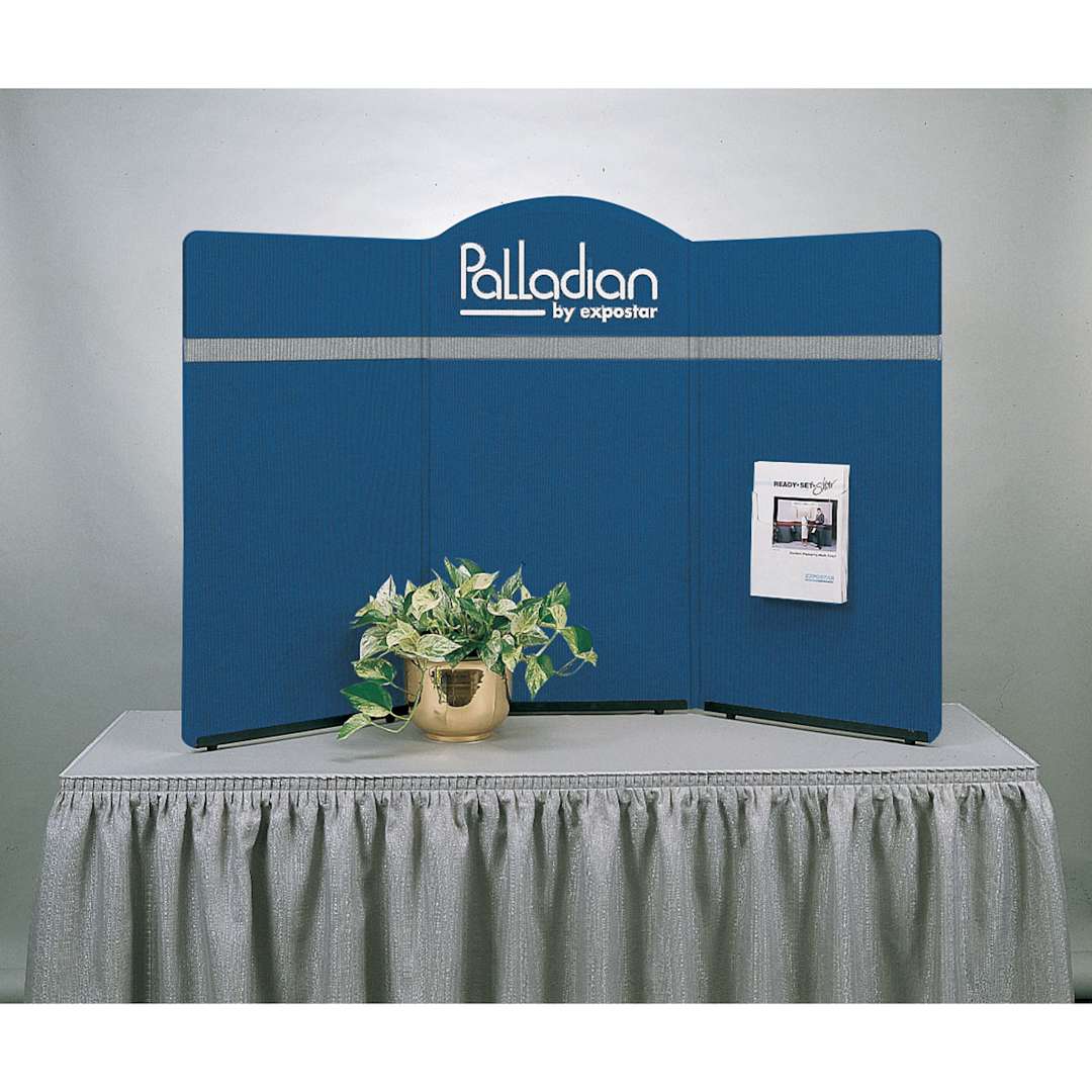 Open in modal - Expostar Palladian Tabletop Display - 3 Panel Display, Blue with Silver Gray Stripe