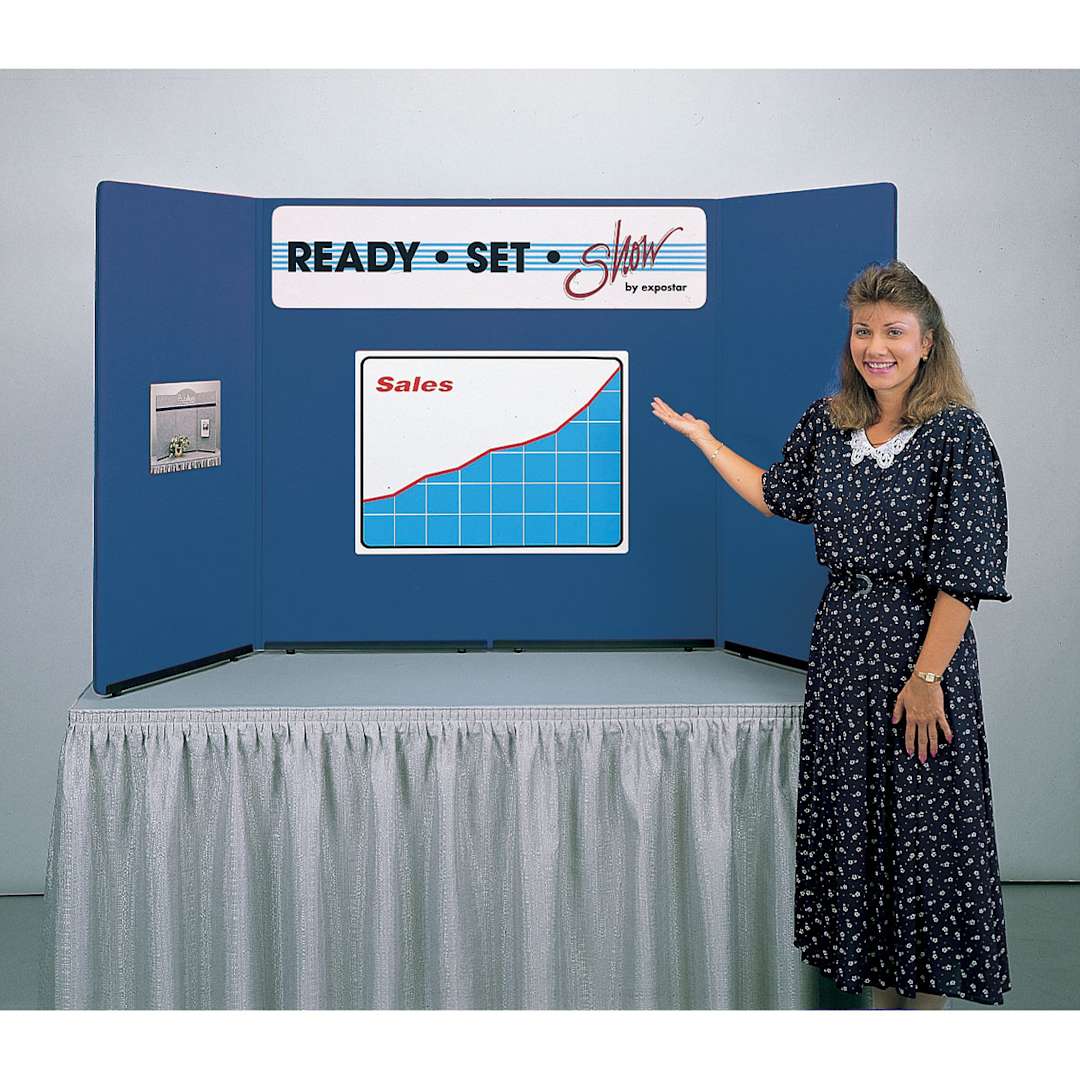 Open in modal - Expostar Ready Set Show Tabletop Display - Blue, Woman Standing Next To Display
