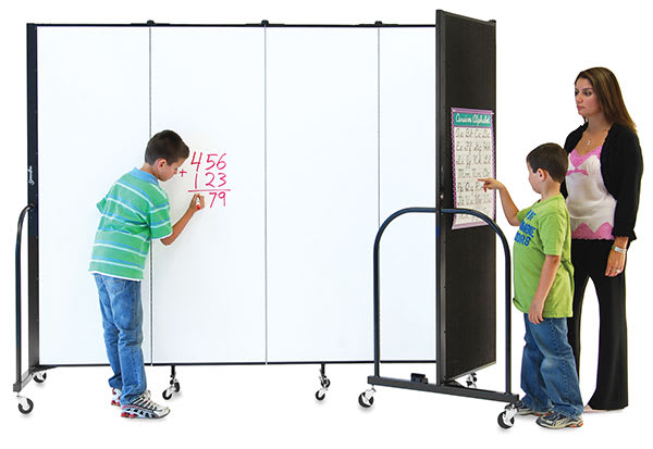 Open in modal - Screenflex Dry Erase Room Divider - Teacher with 2 students working at Divider