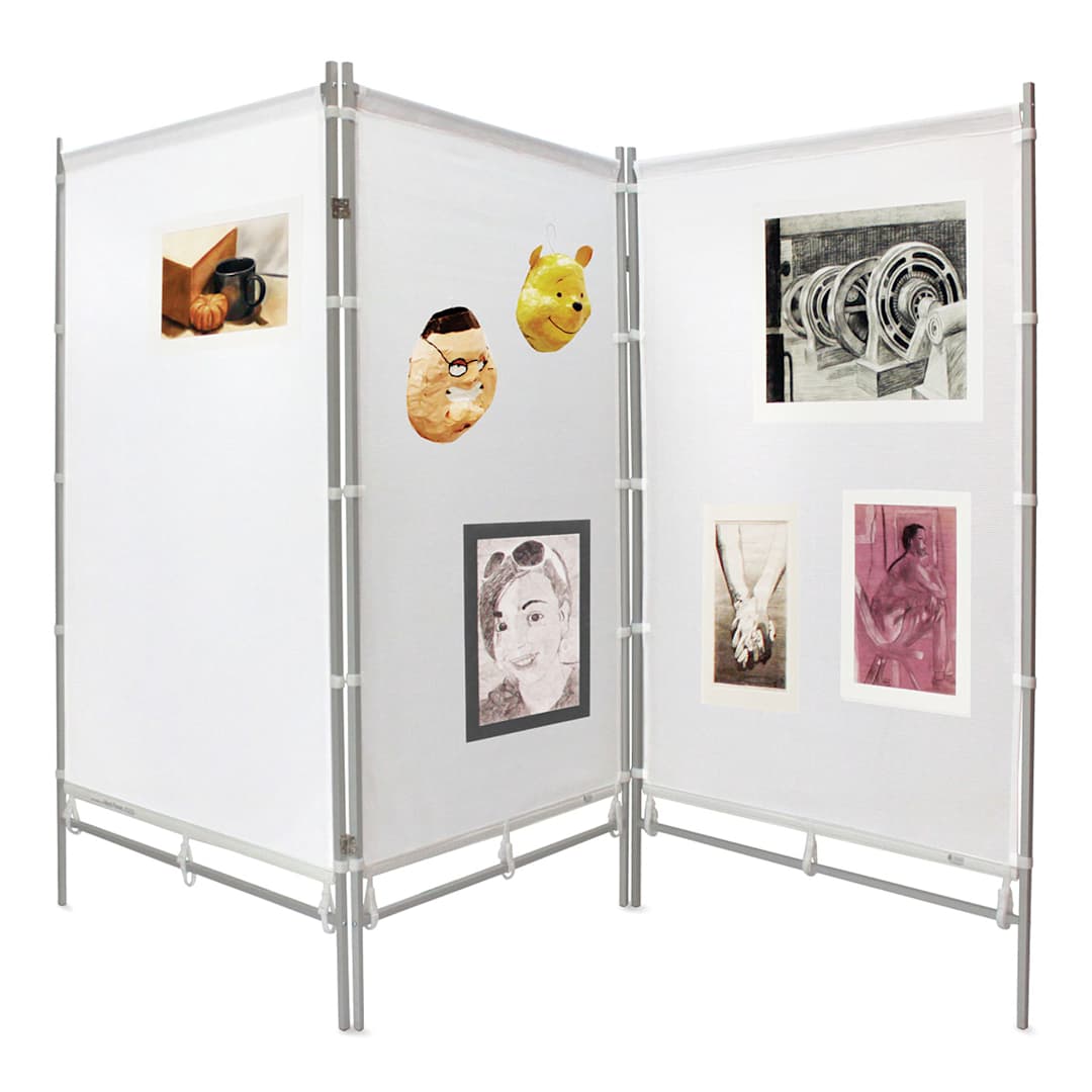 Open in modal - Flourish FlexFrame MeshPanels Aluminum Display Wall - 4 ft, 3 Panel, With Artwork Hung