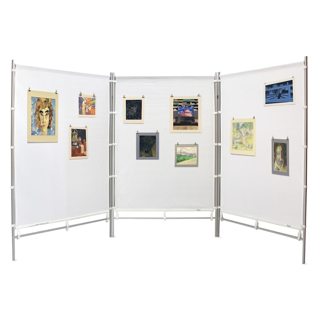 Open in modal - Flourish FlexFrame MeshPanels Aluminum Display Wall - 5 ft, 3 Panel, With Artwork Hung