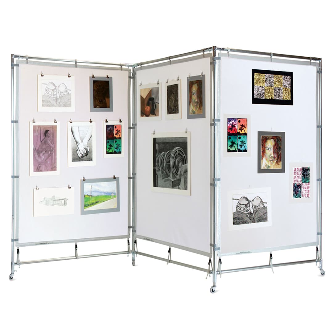 Open in modal - Flourish MeshPanels Steel Three-Panel Display Wall - with Wheels, 4 ft, 3 Panel