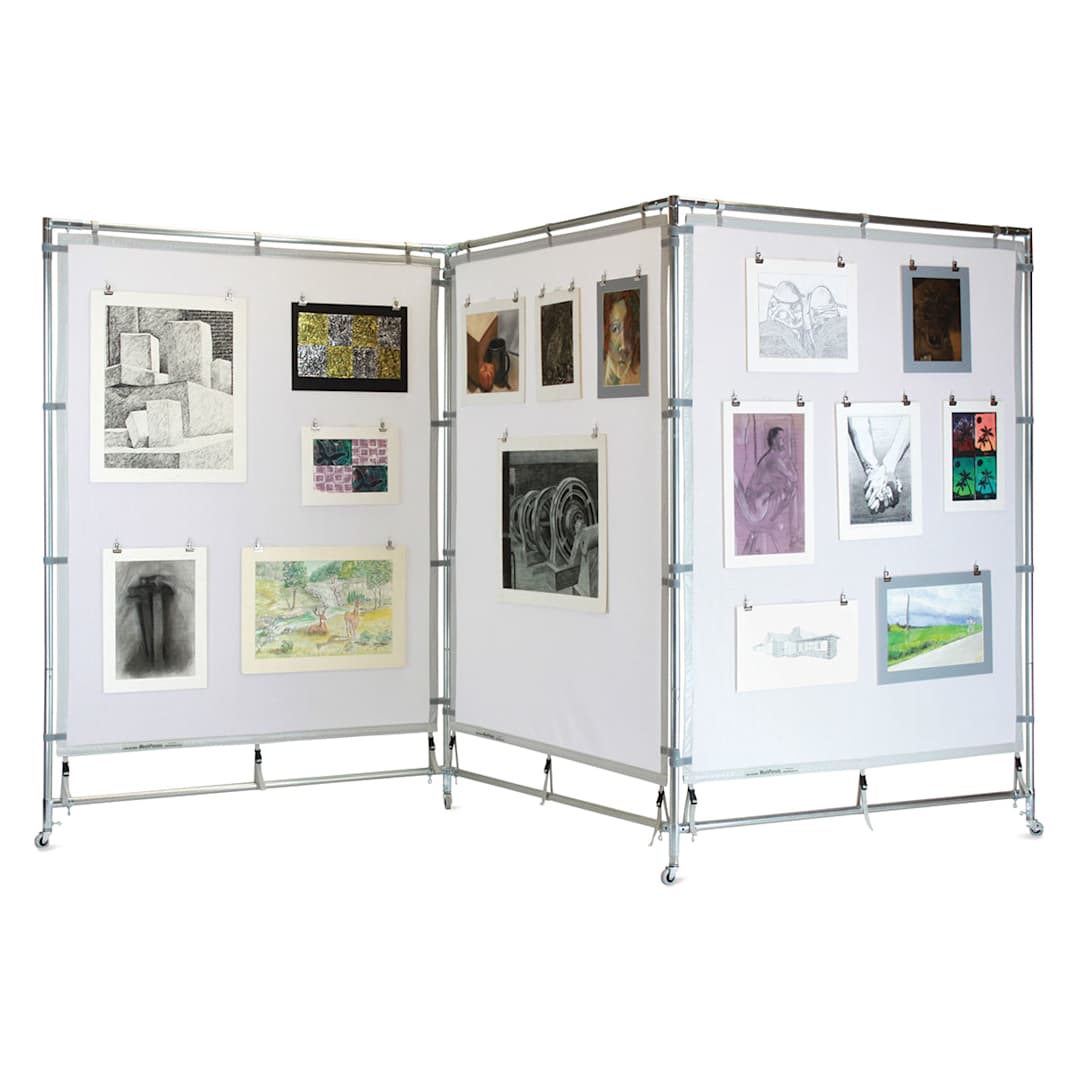Open in modal - Flourish MeshPanels Steel Three-Panel Display Wall - with Wheels, 5 ft, 3 Panel