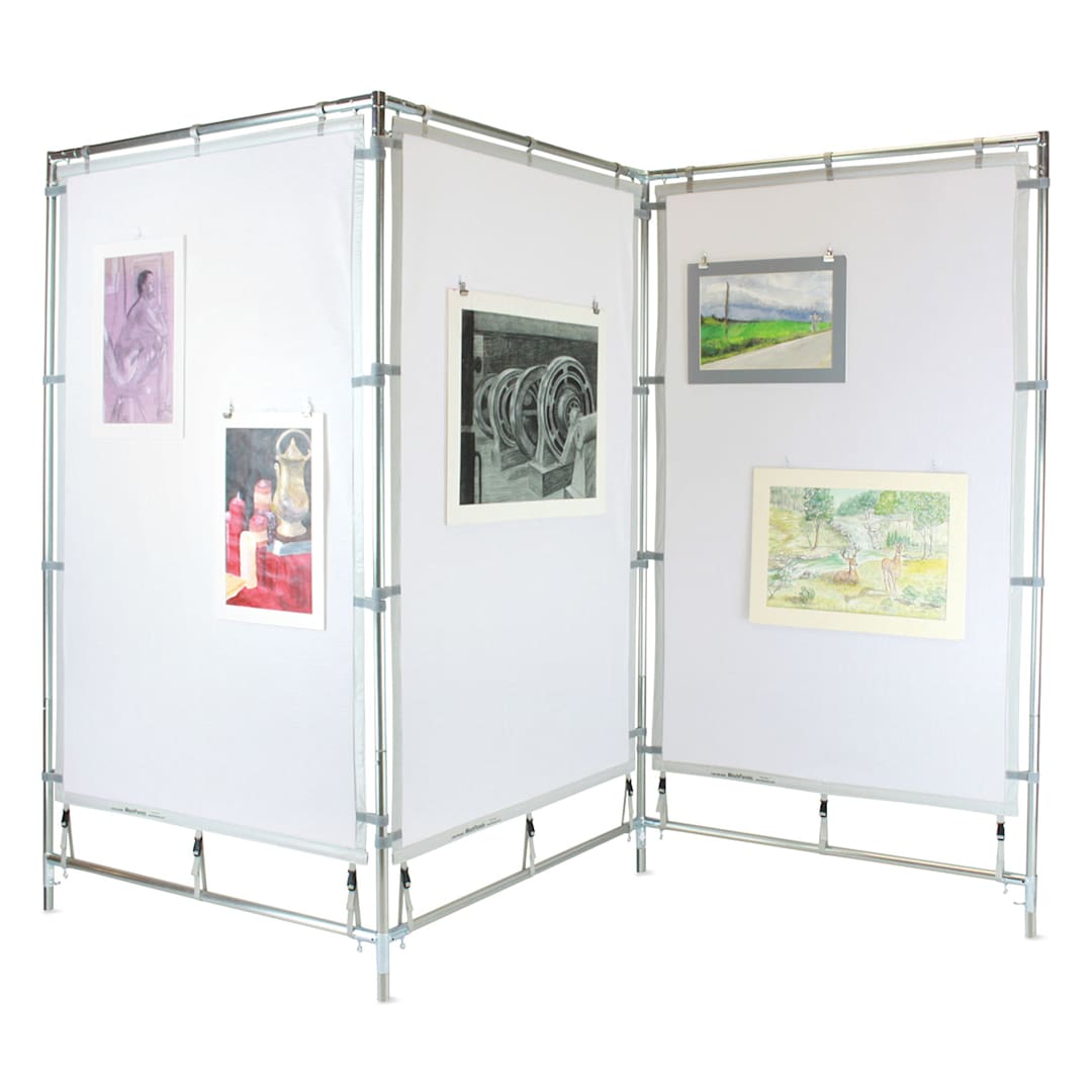 Open in modal - Flourish MeshPanels Steel Three-Panel Display Walls - 3 Panel, 4ft Walls (with artwork on panels)