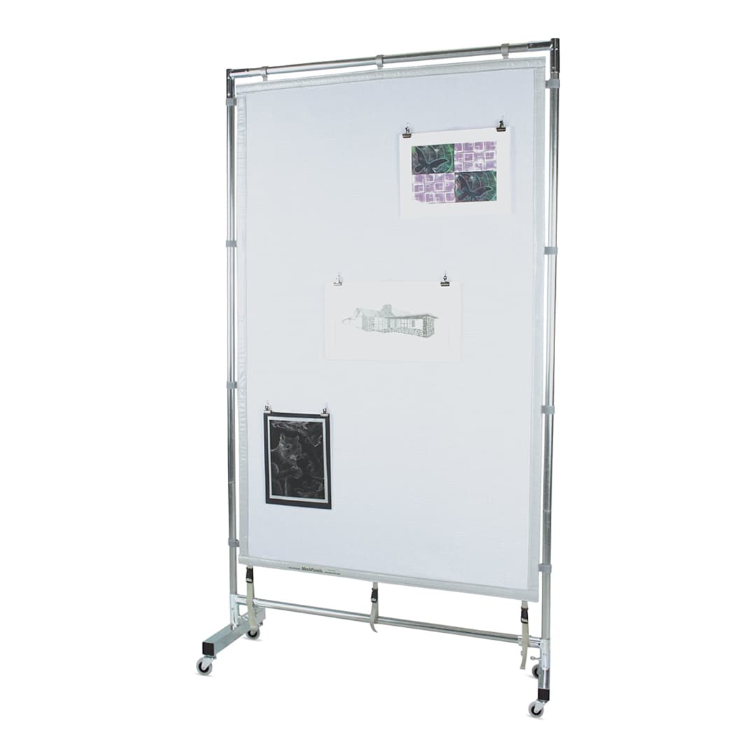 Open in modal - Flourish Freestanding Steel Frame MeshPanel Display Wall - with Wheels, 4 ft x 7 ft