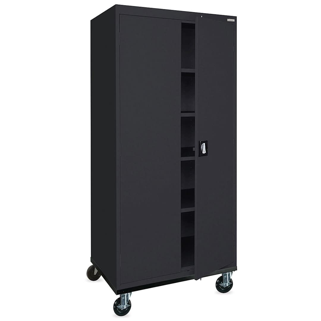 Open in modal - Mobile General Storage Cabinet - Angled view of Black Cabinet with 1 door slightly open
