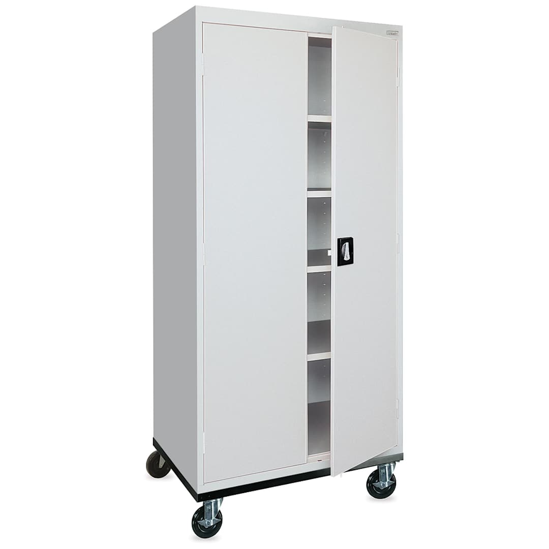 Open in modal - Mobile General Storage Cabinet - Angled view of Dove Gray Cabinet with 1 door slightly open