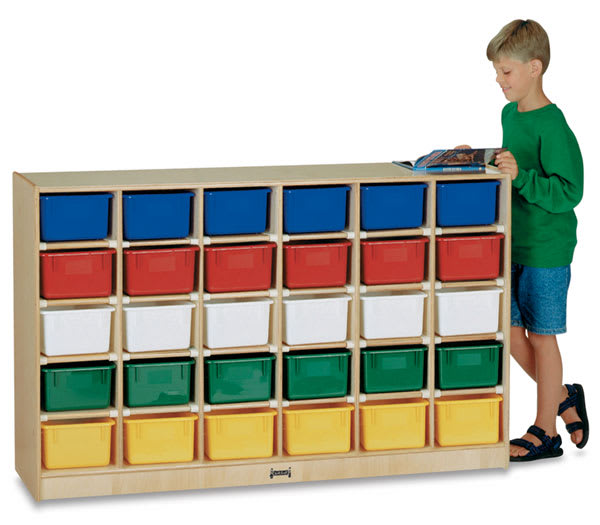 Open in modal - Jonti-Craft Mobile Storage Units - Child reading book next to 30-Tray Mobile Storage Unit