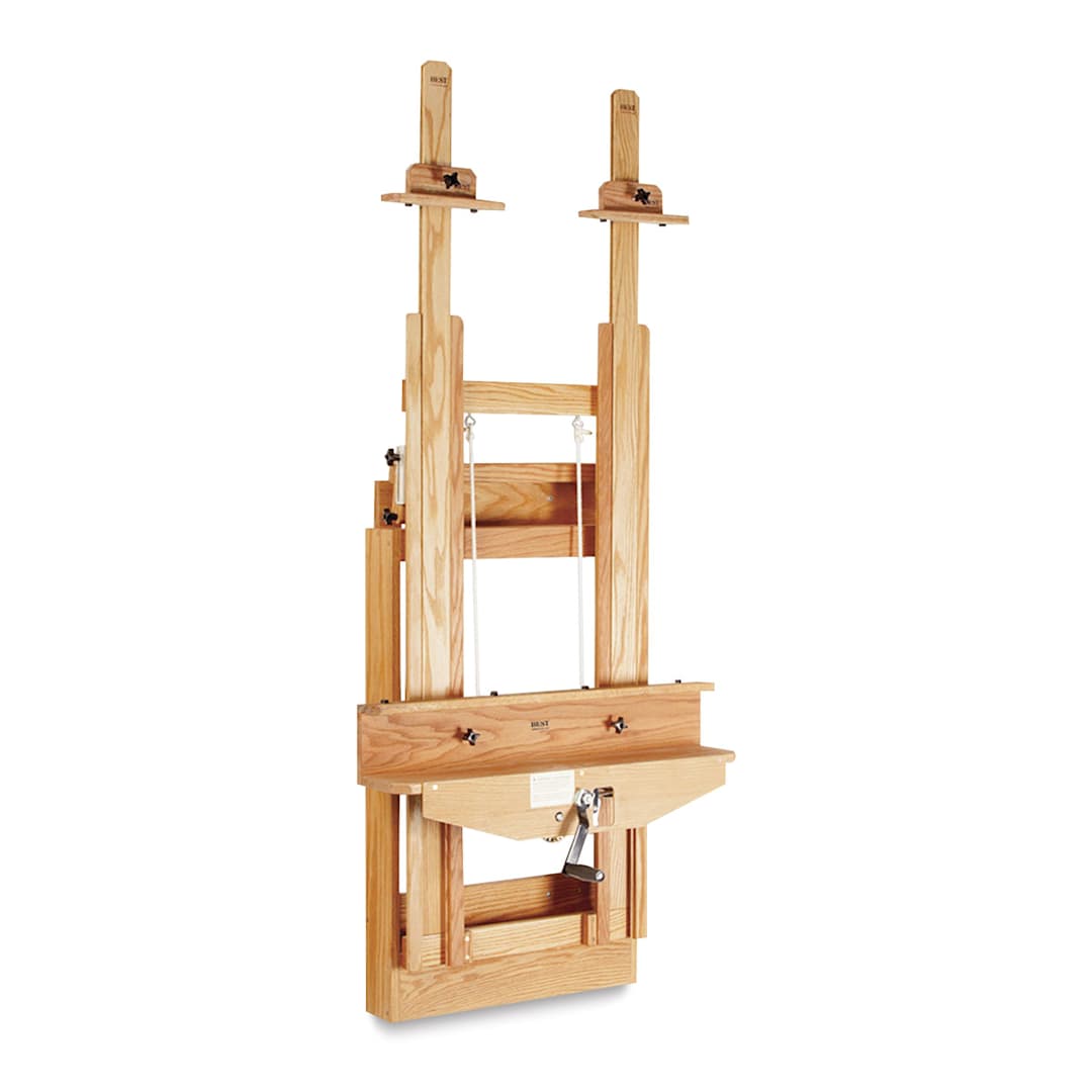Open in modal - Best Wallmount Easel - Angled view showing masts extended, hand crank and storage shelf