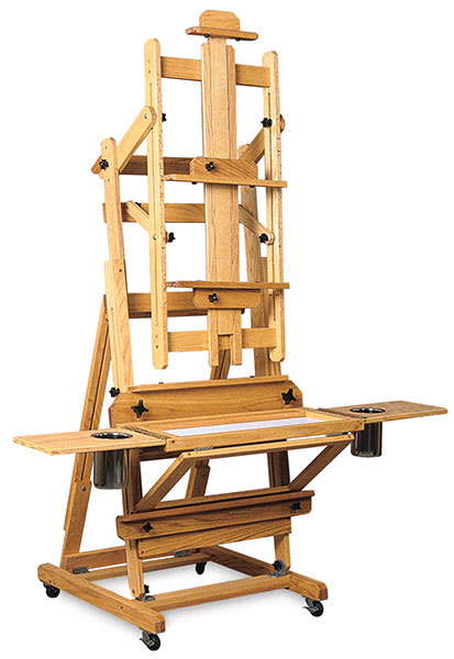 Open in modal - Best Manhattan Easel - Showing tilted top carriage with mounted tray and 2 possible canvas holders