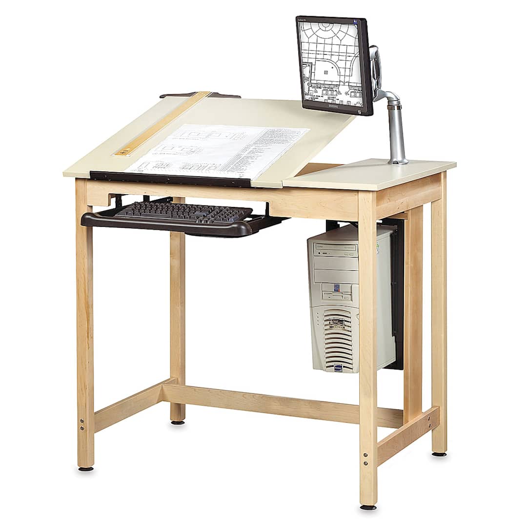 Open in modal - Diversified Spaces Shop-Bilt Drawing/CAD Tables - right angle view shown with computer and T-square
