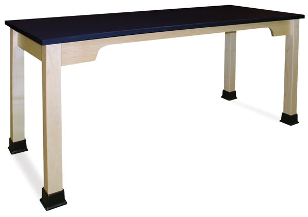 Open in modal - Hann Table-left angle view showing scalloped corners, black plastic top and booted legs