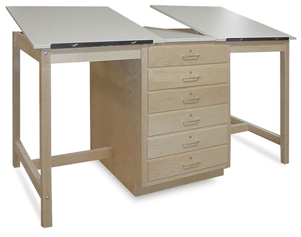 Open in modal - Hann Dual Station Drafting Table - left angle shows raised drafting surface, drawers, H-Frame Legs