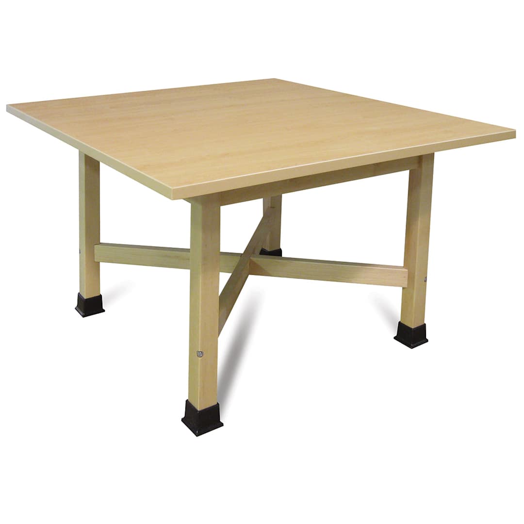 Open in modal - Hann Four-Student "X" Table - Left angle showing Leg braces of 30" Square Laminate Top Table 