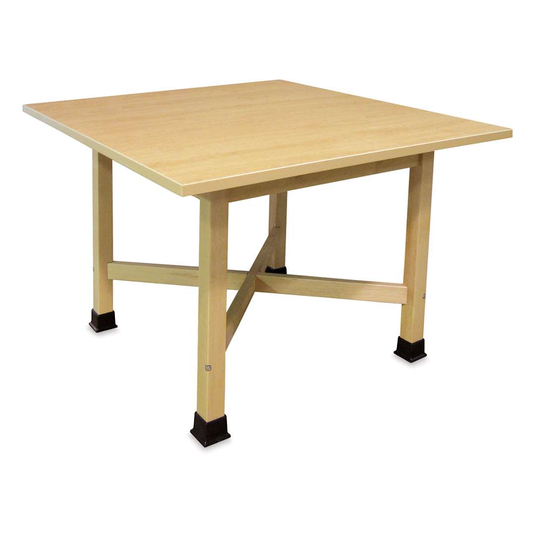 Open in modal - Hann Four-Student "X" Table - Left angle showing Leg braces of 36" Square Laminate Top Table 
