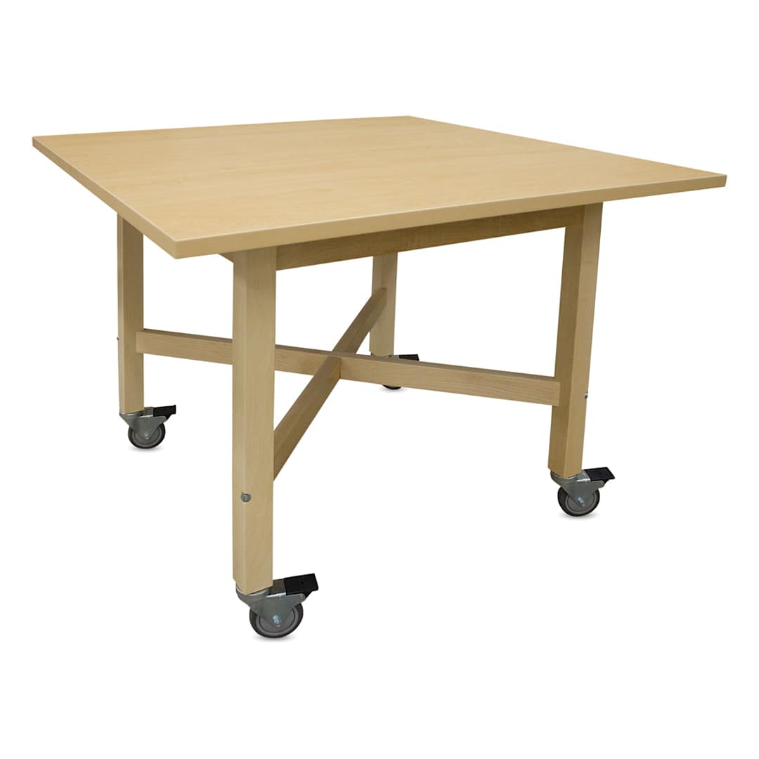 Open in modal - Hann Four-Student "X" Table - Left angle showing Leg braces and casters on 36" Sq. Maple Top Table 