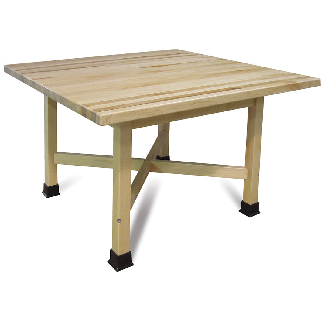 Open in modal - Hann Four-Student "X" Table - Left angle showing Leg braces of 30" Square Maple Top Table 
