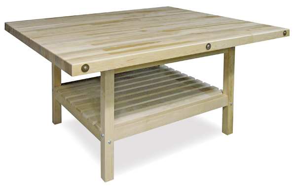 Open in modal - Hann Four-Station Art Workbench - Left angled view showing butcher block top and storage shelf area