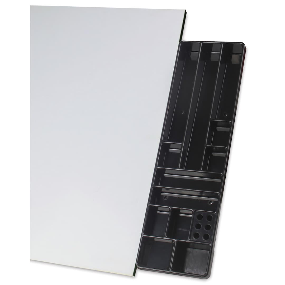 Open in modal - Bieffe AF15 Drafting Table - Tablotte Side Tray, shown attached to table surface