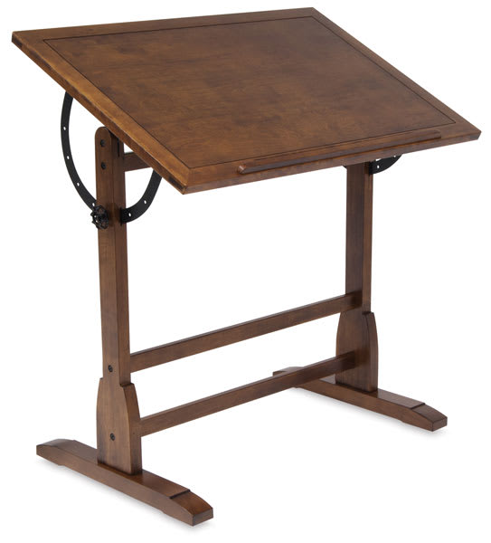 Open in modal - Studio Designs Vintage Drafting Table - Rustic Oak, Side View w/ Tilted Top 