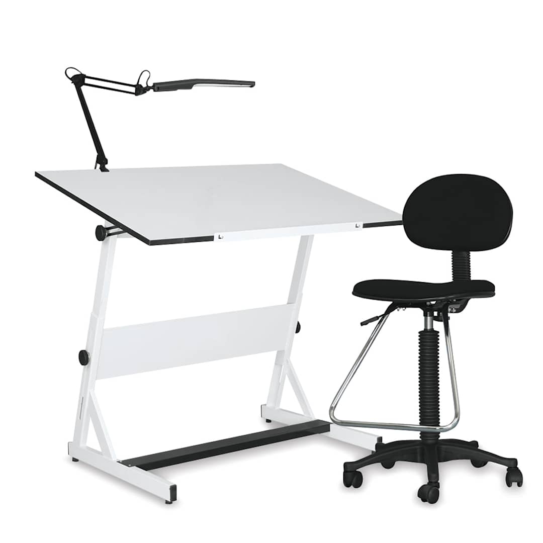 Open in modal - Contemporary Drafting Set - Angled view of desk with chair and lamp
