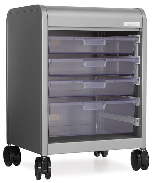 Open in modal - Smith System Cascade Tote Tray Storage - left angle view of open cabinet on wheels with four clear trays (included)