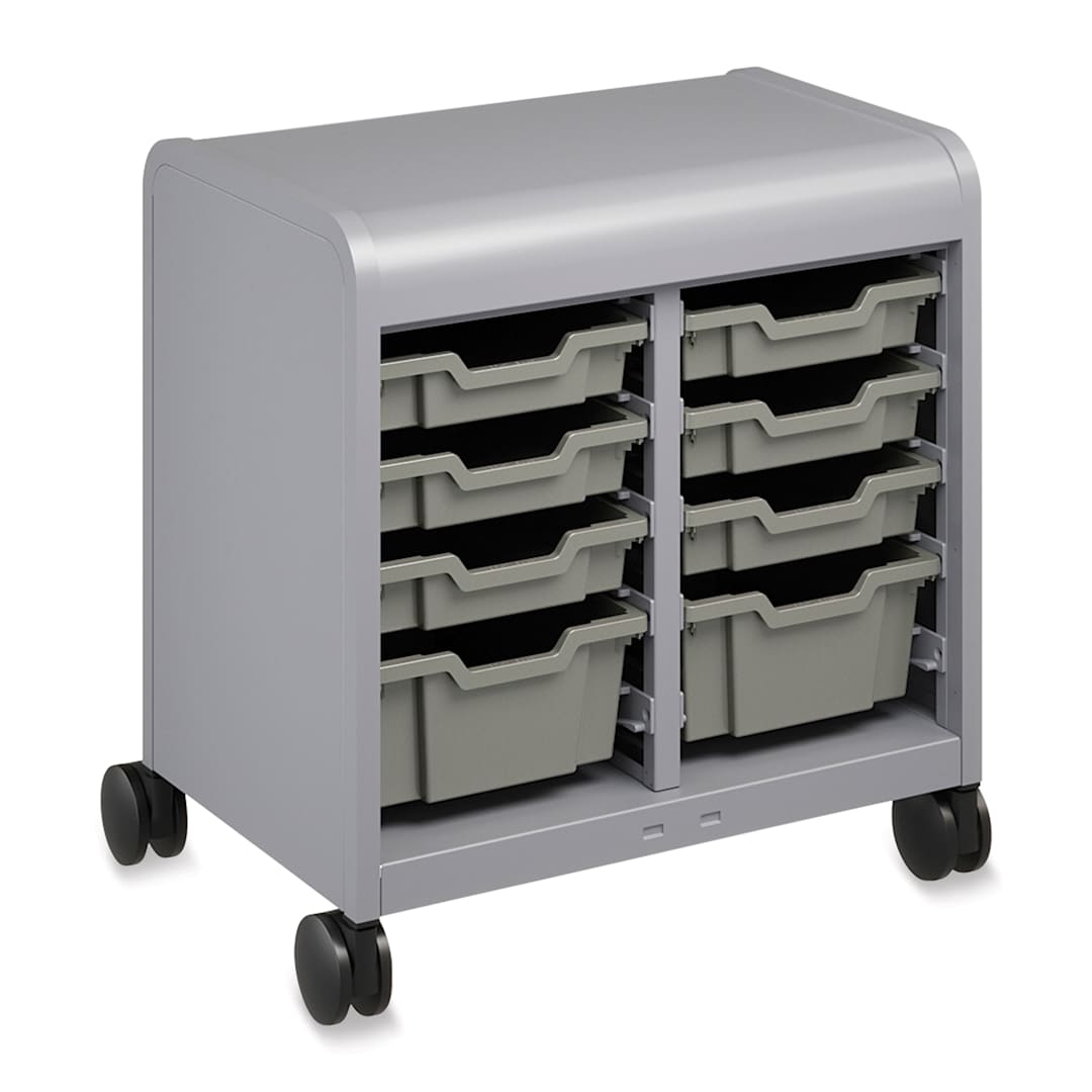 Open in modal - Smith System Cascade Tote Tray Storage - left angle view, cabinet on wheels with eight trays (included)