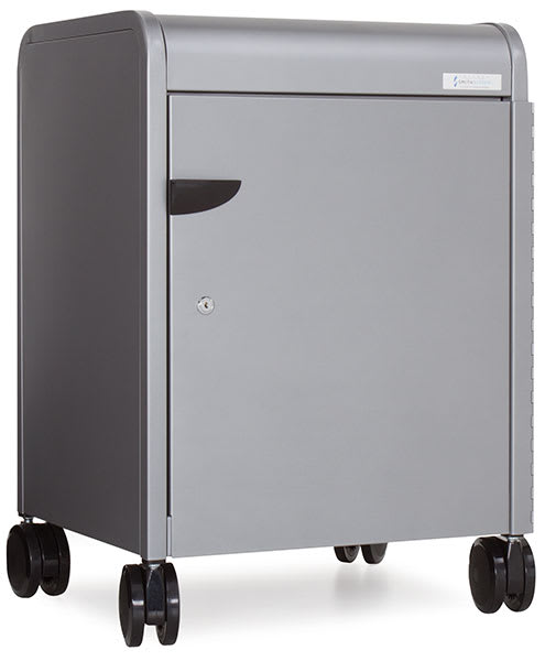 Open in modal - Smith System Cascade Tote Tray Storage - left angle view of cabinet on wheels with single locking door