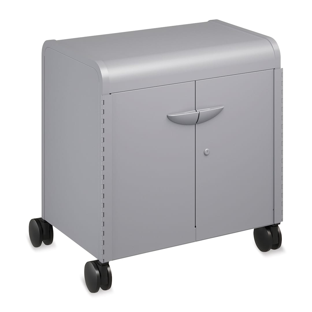 Open in modal - Smith System Cascade Tote Tray Storage - left angle view, cabinet on wheels with two locking doors