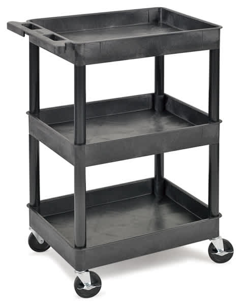 Open in modal - Luxor Heavy-Duty Utility Carts - Angled view of the Three-Tub Shelves Cart