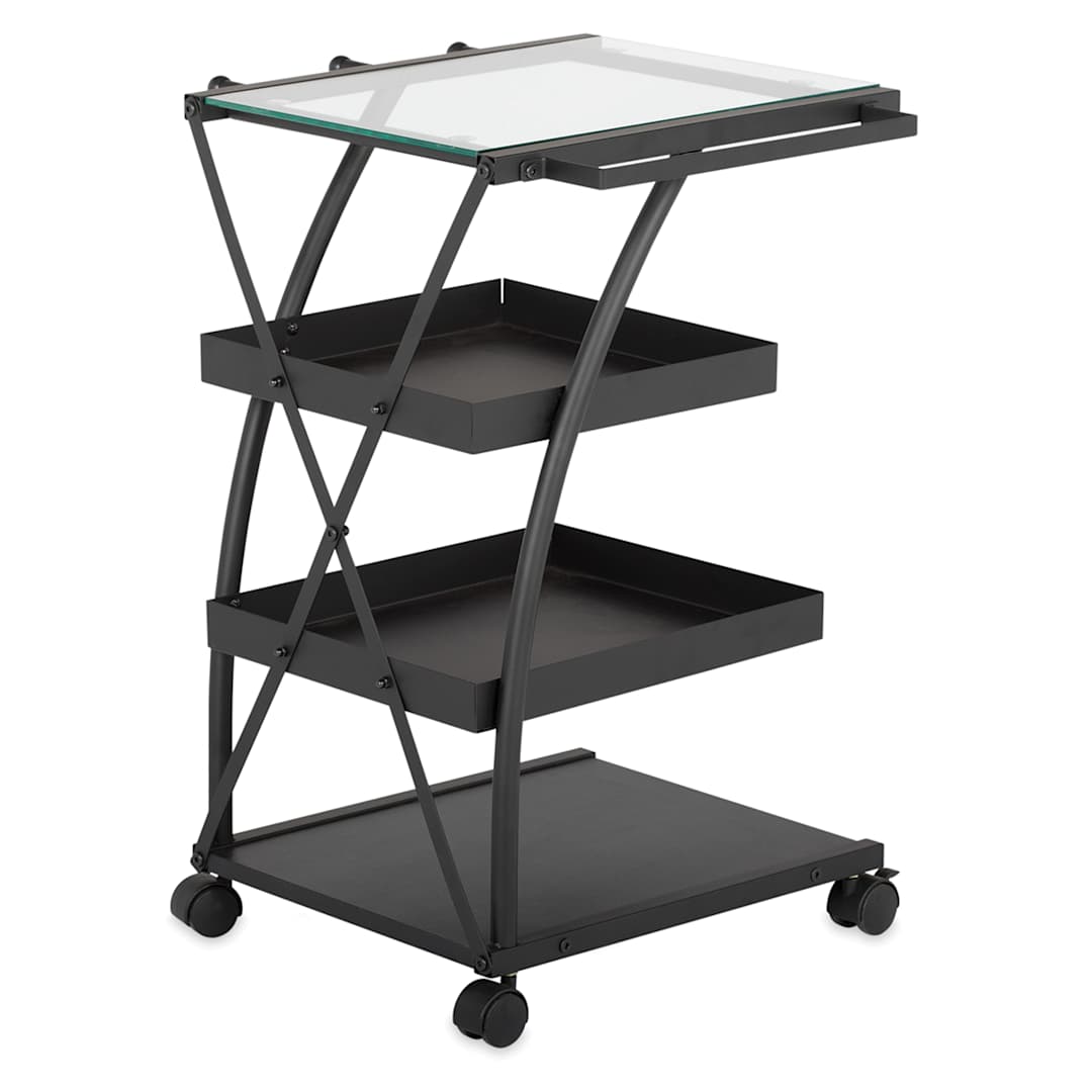 Open in modal - Studio Designs Charcoal Triflex Taboret -Angled back view showing glass top and 3 shelves
