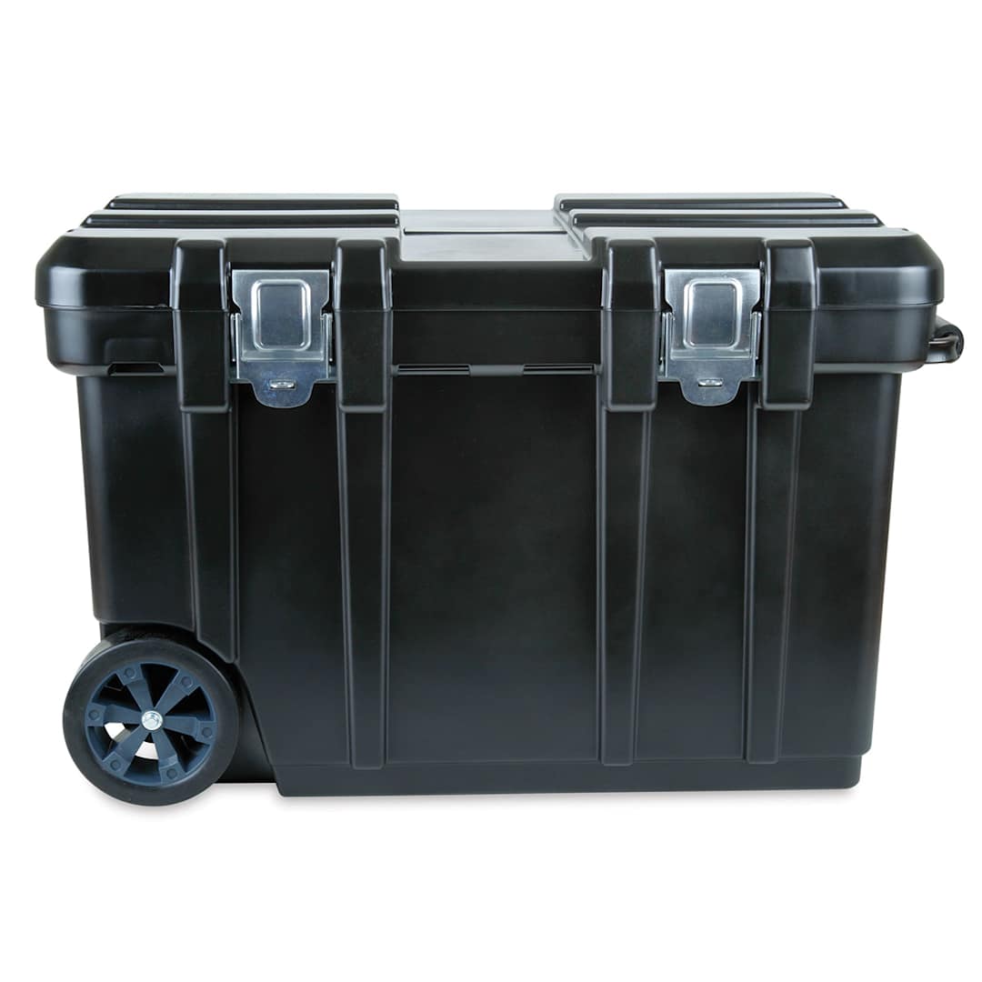 Open in modal - Flambeau Rolling Tool Chest - Side view, closed, showing latches and roller wheels