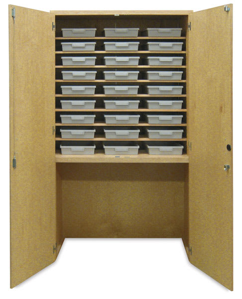 Open in modal - Hann Tote Tray Garage Cabinet - Front view with doors open showing 27 Tote Trays in storage