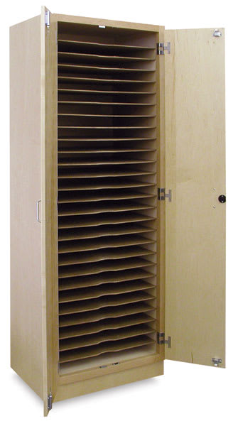 Open in modal - Hann Drawing Board Storage Cabinet - Angled view with door open showing 27 shelves for storage