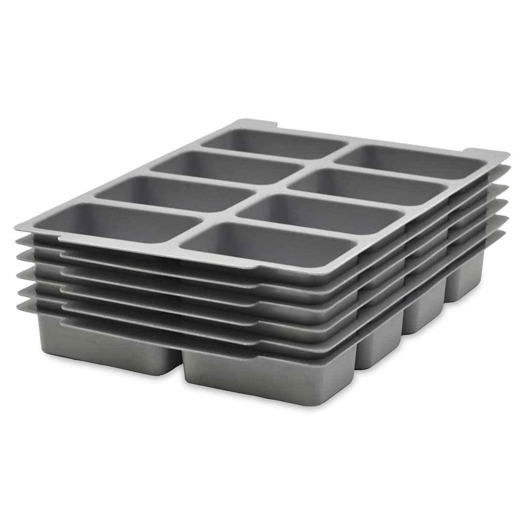 Open in modal - Gratnells Accessories - Set of 6 stacked Gray 8 compartment Tray Inserts shown at slight angle