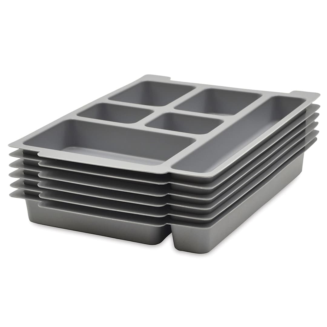 Open in modal - Gratnells Trays and Accessories - 6 Stacked Gray Inserts with different size compartments shown
