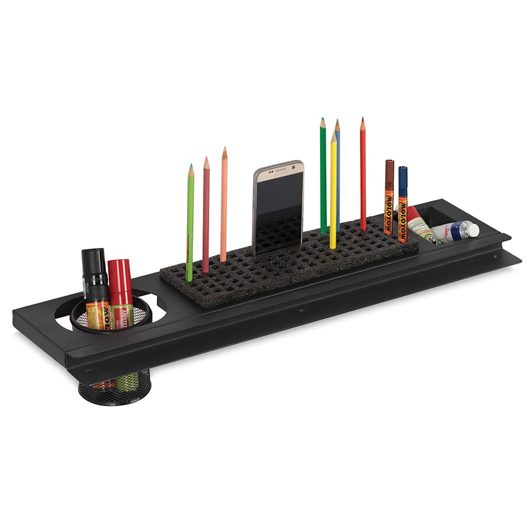 Open in modal - Premier Metal Art Trays - Angled view of 24" Tray accessorized with supplies and phone
