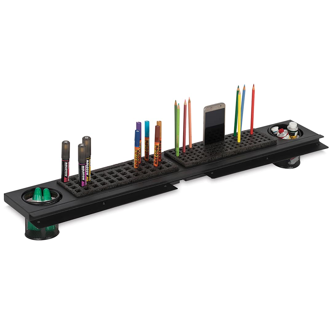 Open in modal - Premier Metal Art Trays - Angled view of 36" Tray accessorized with supplies and phone
