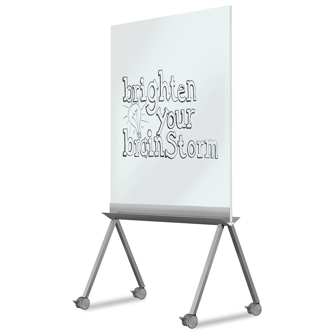 Open in modal - Ghent Roam Rolling Whiteboard - Angled view of whiteboard showing wheeled legs